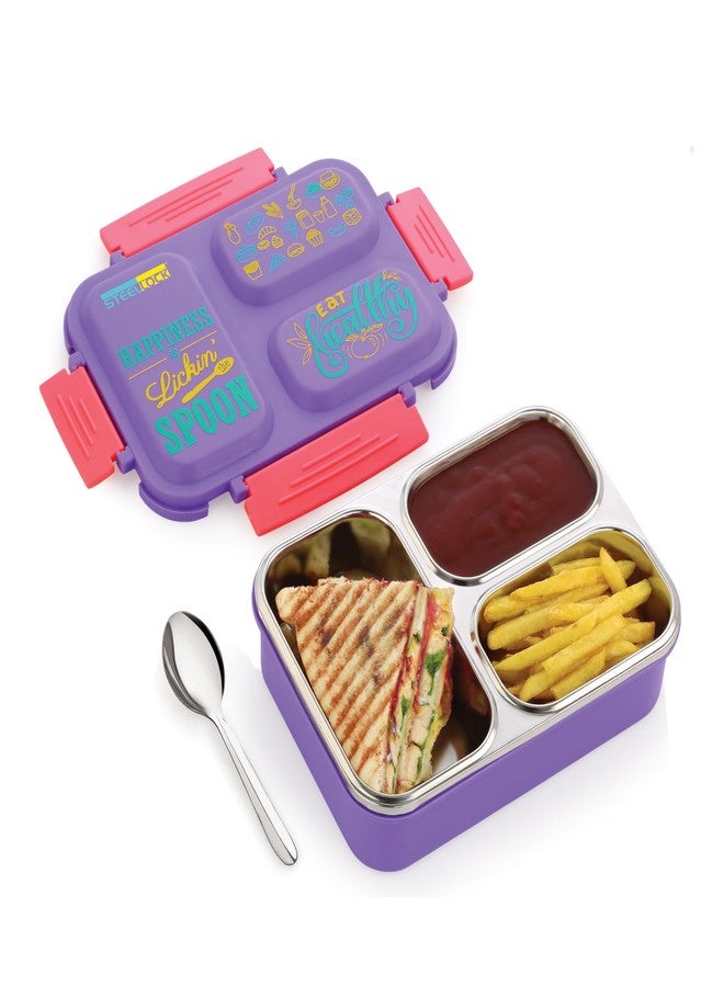 STEELLOCK علبة طعام سمارت ميل بثلاثة أقسام من الفولاذ المقاوم للصدأ معزولة للأطفال والكبار مع ملعقة | علبة غداء مانعة للتسرب مع غطاء مزود بحشية سيليكون | علبة بينتو للمدرسة والأولاد والبنات والمكتب 600 مل - بنفسجي. - Image 1